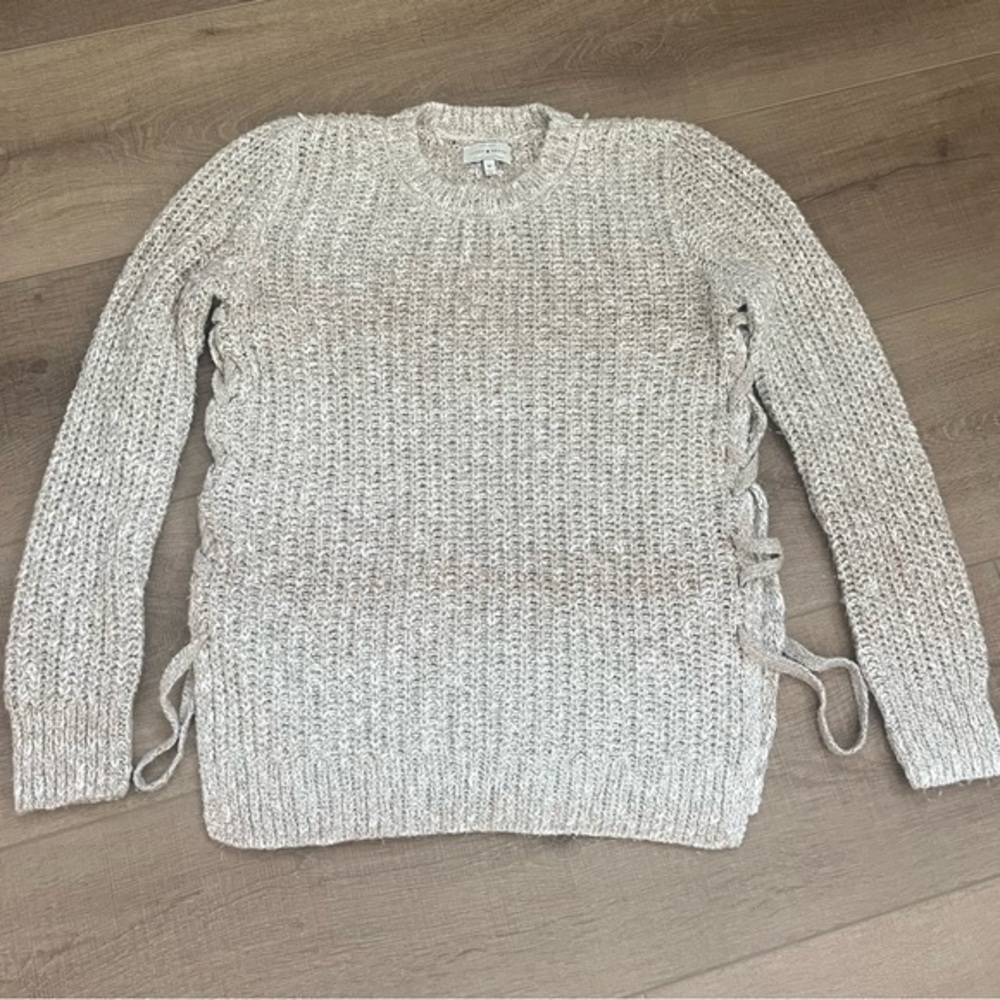 Lucky Brand Chunky Knit Sweater Long Sleeves Sides Are Lace Up Oatmeal Jumper